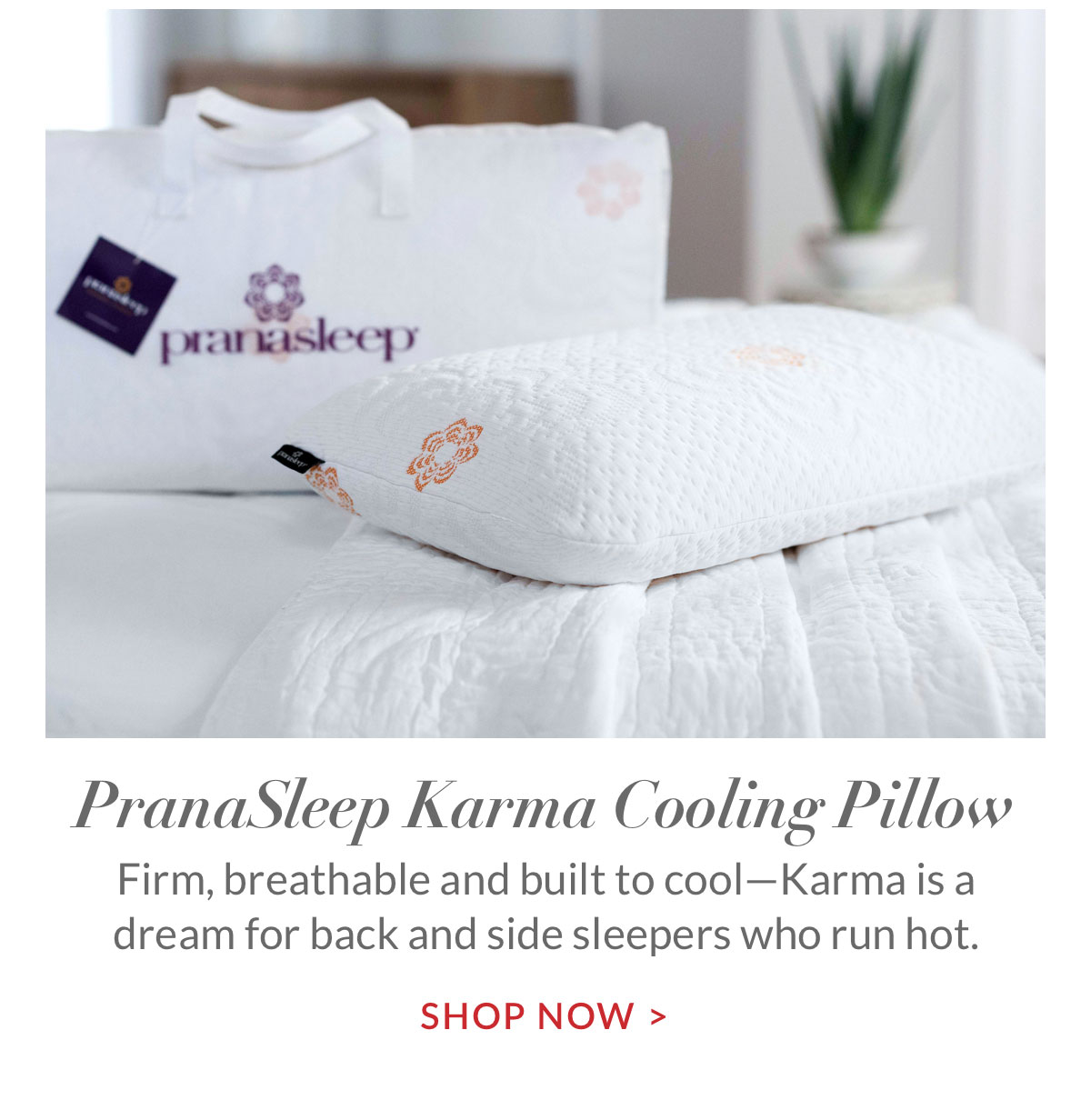 PranaSleep Karma Cooling Pillow. Firm, breathable and built to cool—Karma is a dream for back and side sleepers who run hot. Shop Now