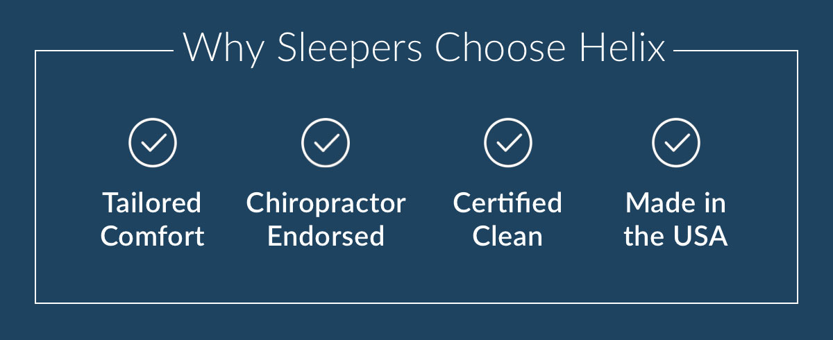Why Sleepers Choose Helix. Tailored Comfort. Chiropractor Endorsed. Certified Clean. Made in  the USA.