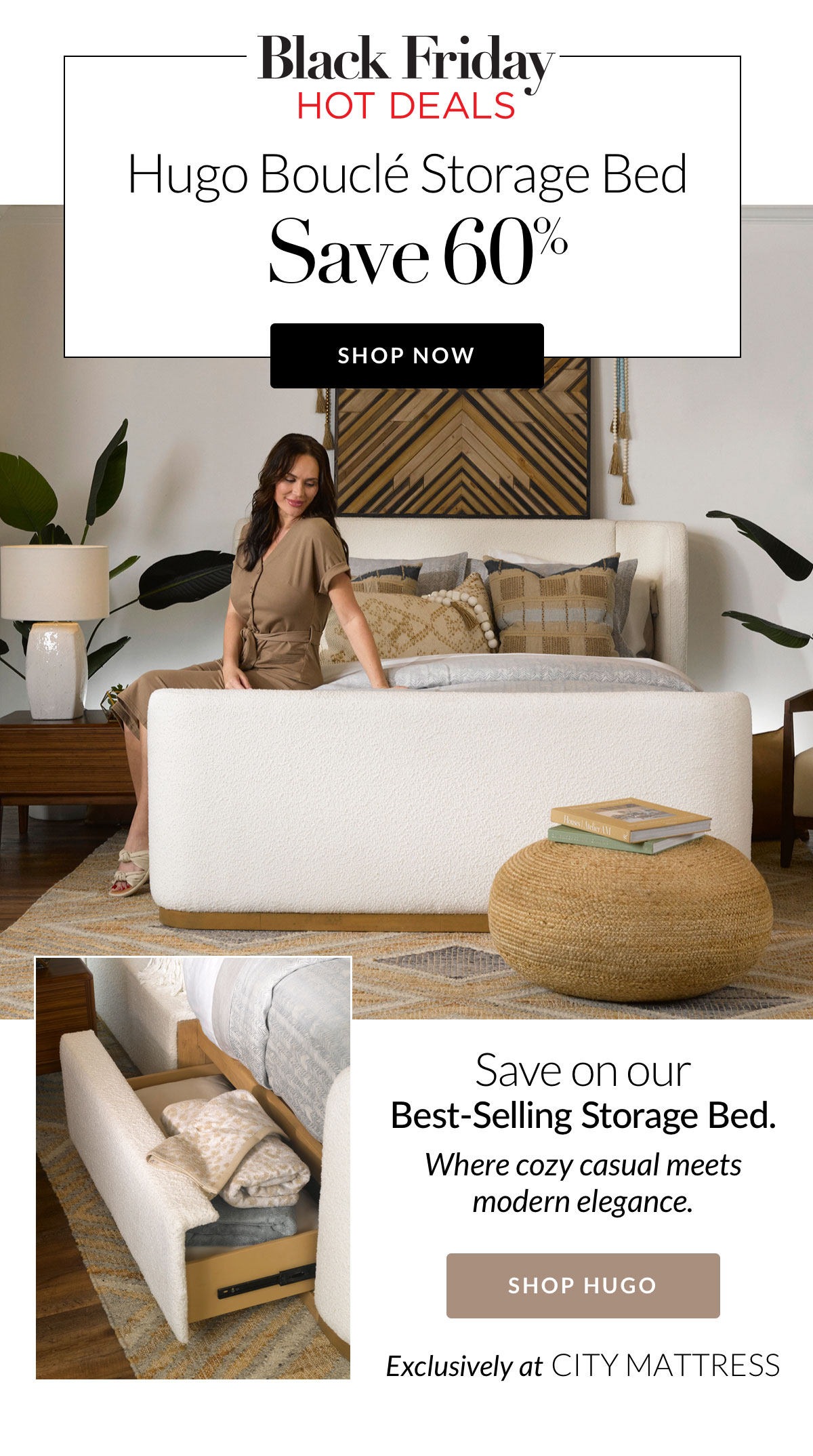 Save 60% on Hugo Bouclé Storage Bed - Hot Deal!