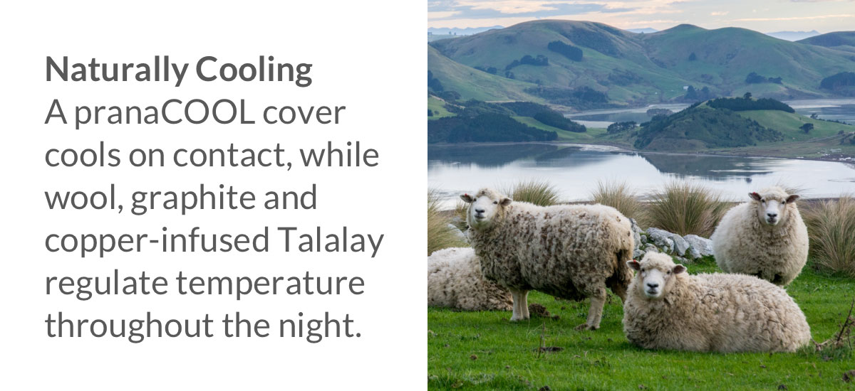 Naturally Cooling - A pranaCOOL cover cools on contact, while wool, graphite and copper-infused Talalay regulate temperature throughout the night.