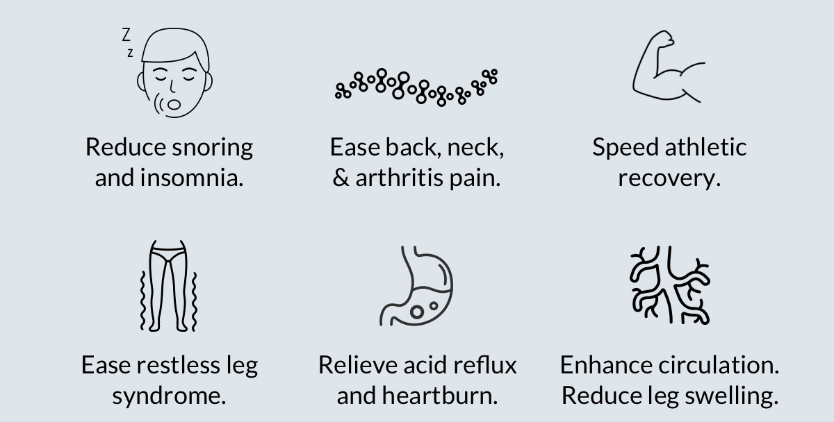 Reduce snoring and insomnia. Ease back, neck, & arthritis pain. Speed athletic recovery. Ease restless leg syndrome. Relieve acid reflux and heartburn. Enhance circulation. Reduce leg swelling.