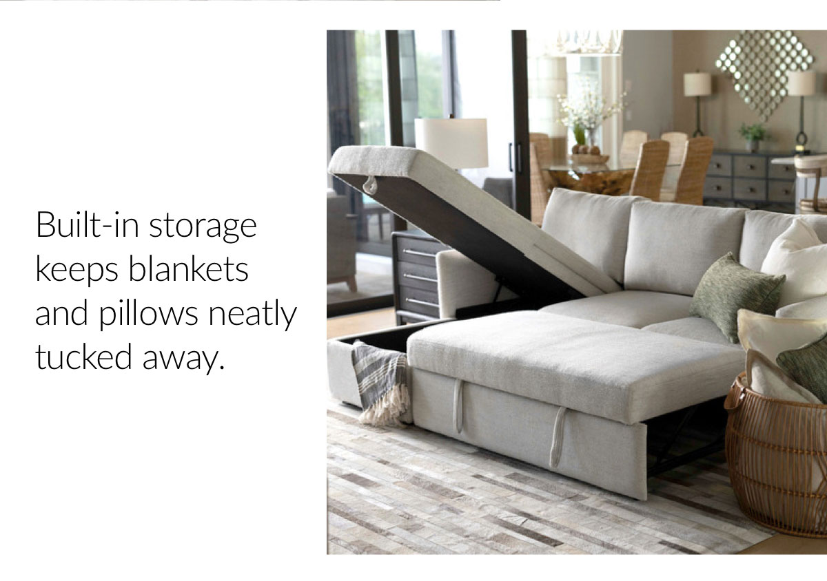 Built-in storage keeps blankets and pillows neatly tucked away.
