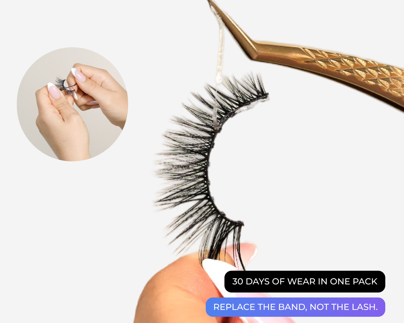 Close-up of a false eyelash with a clear Nano Band being applied to the lash band using tweezers.