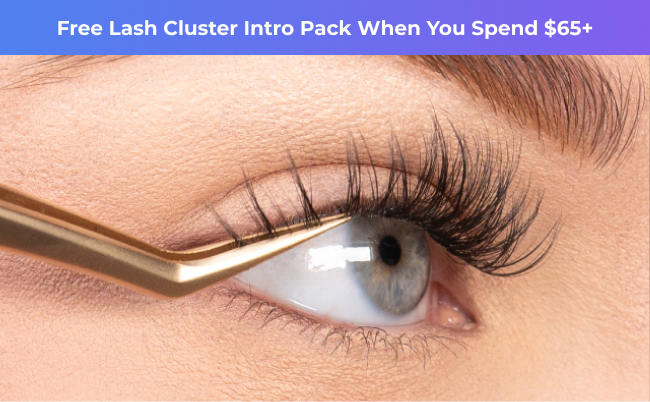 Free Lash Cluster Intro Pack with $65 purchase – close-up of lash application with applicator