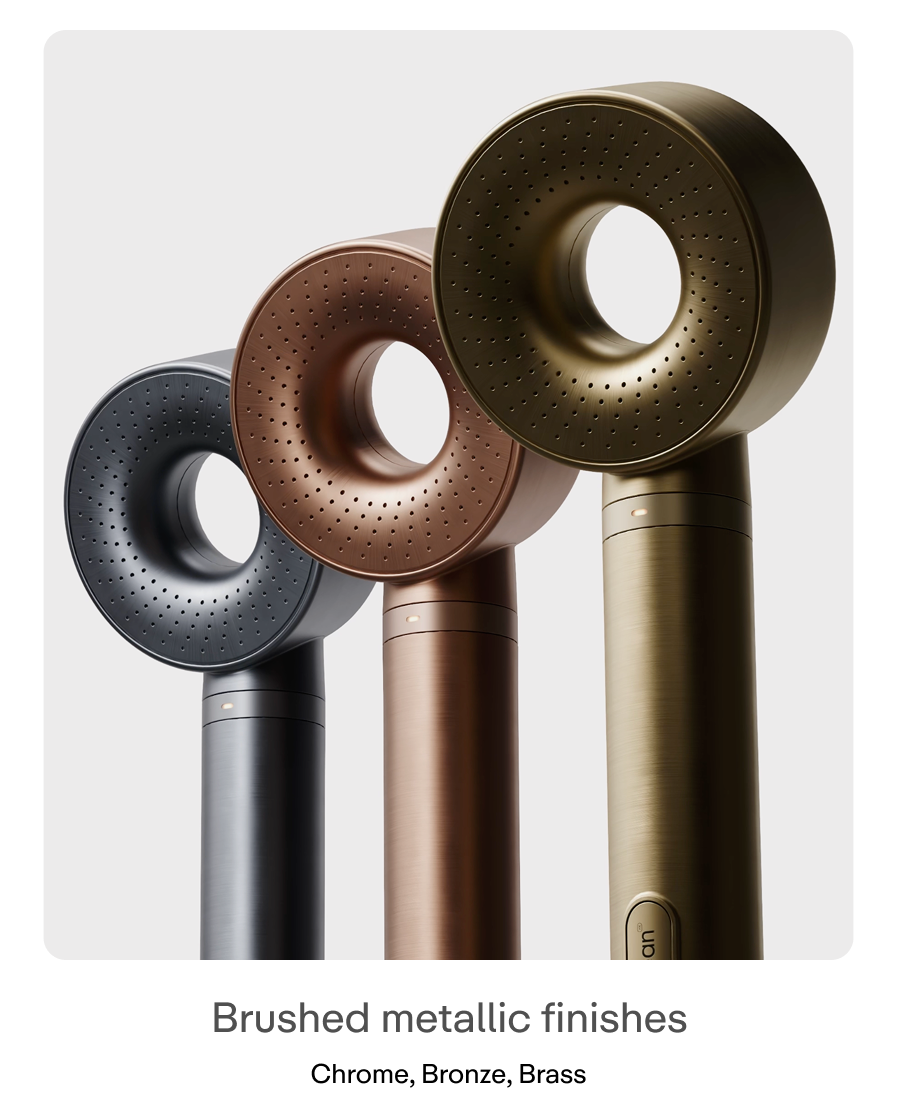 Brushed metallic finishes in Chrome, Bronze, Brass