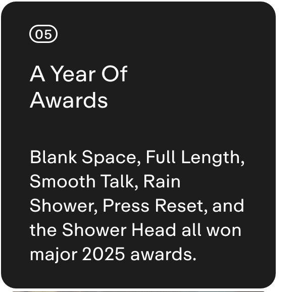 05 A YEAR OF AWARDS  Blank Space, Full Length, Smooth Talk, Rain Shower, Press Reset, and the Shower Head all won major 2025 awards.