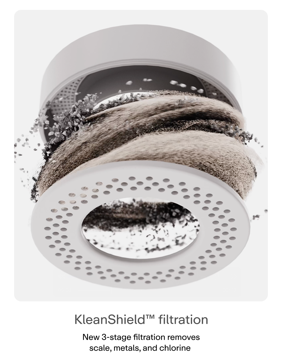 KleanShield™ filtration: New 3-stage filtration removes scale, metals, and chlorine 