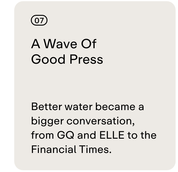 07 A WAVE OF GOOD PRESS  Better water became a bigger conversation, from GQ and ELLE to the Financial Times.