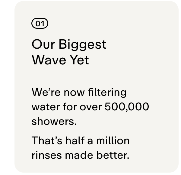 01 OUR BIGGEST WAVE YET  We're now filtering water for over 500,000 showers. That's half a million rinses made better.