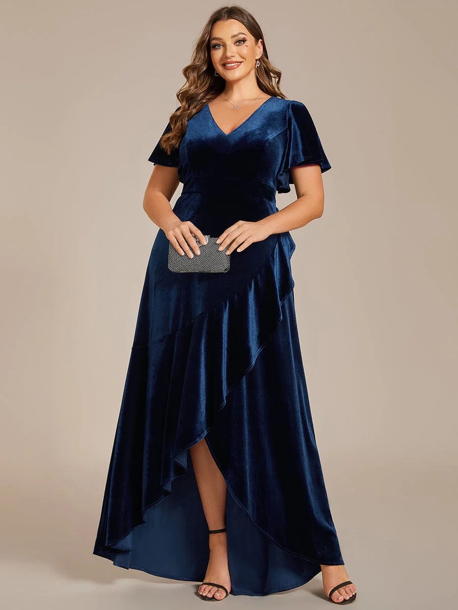 Plus Size Lotus Leaf Hem A-Line V-Neck Ruffles Sleeve Velvet Evening Dress