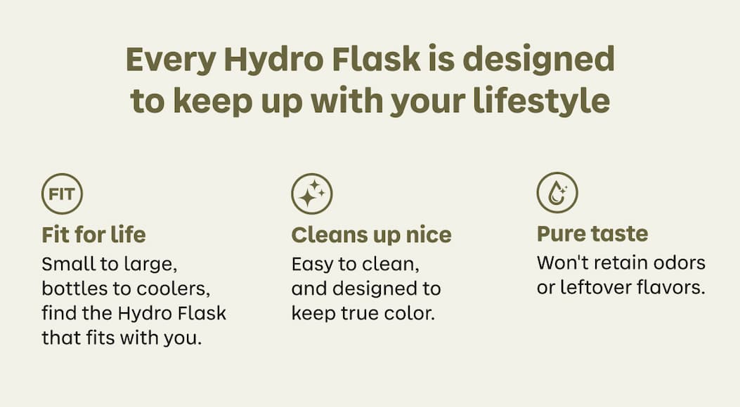 Every Hydro Flask is designed to keep up with your lifestyle. Fit for life. Cleans up nice. Pure taste.
