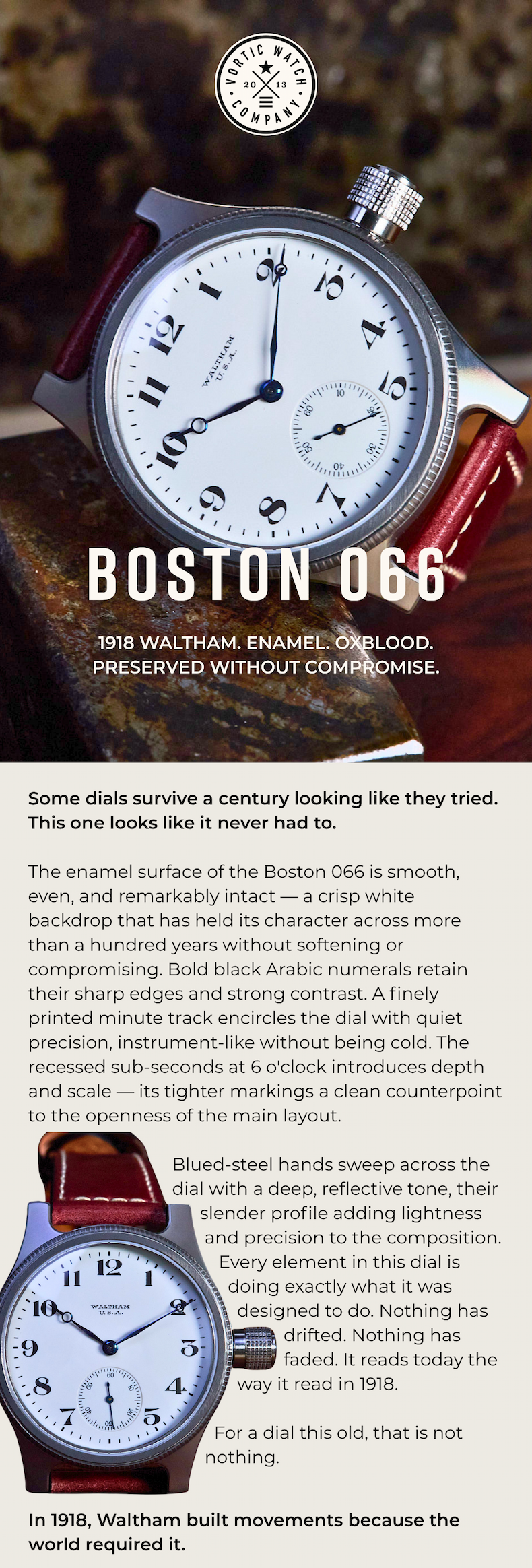 Vortic Watch Co. Unveils The Boston 066 with Century-Old Dial