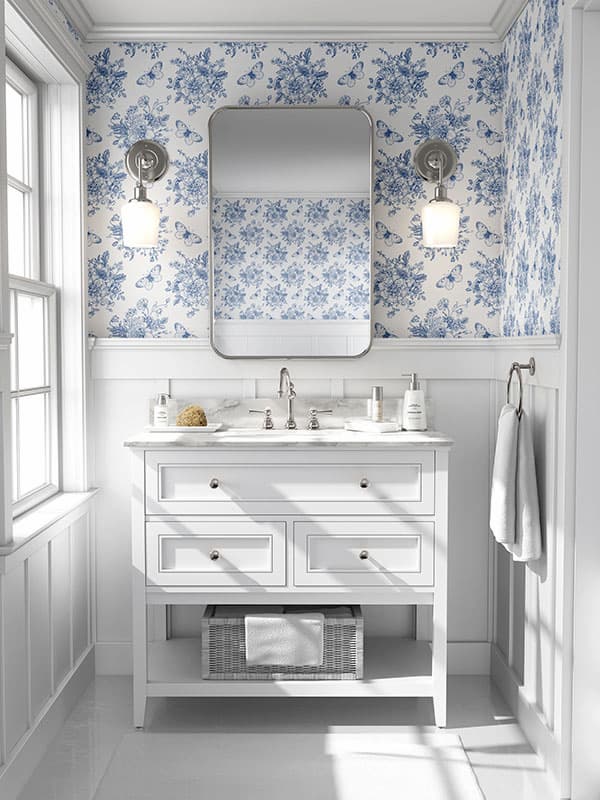 Bathroom with Butterfly Toile wallpaper.