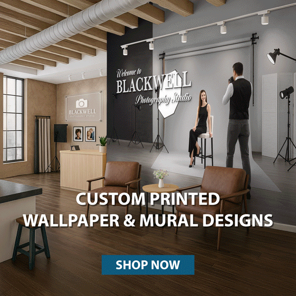 Image of a photography studio with a custom mural installed on the wall.