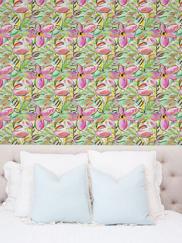 Bedroom with floral wallpaper.