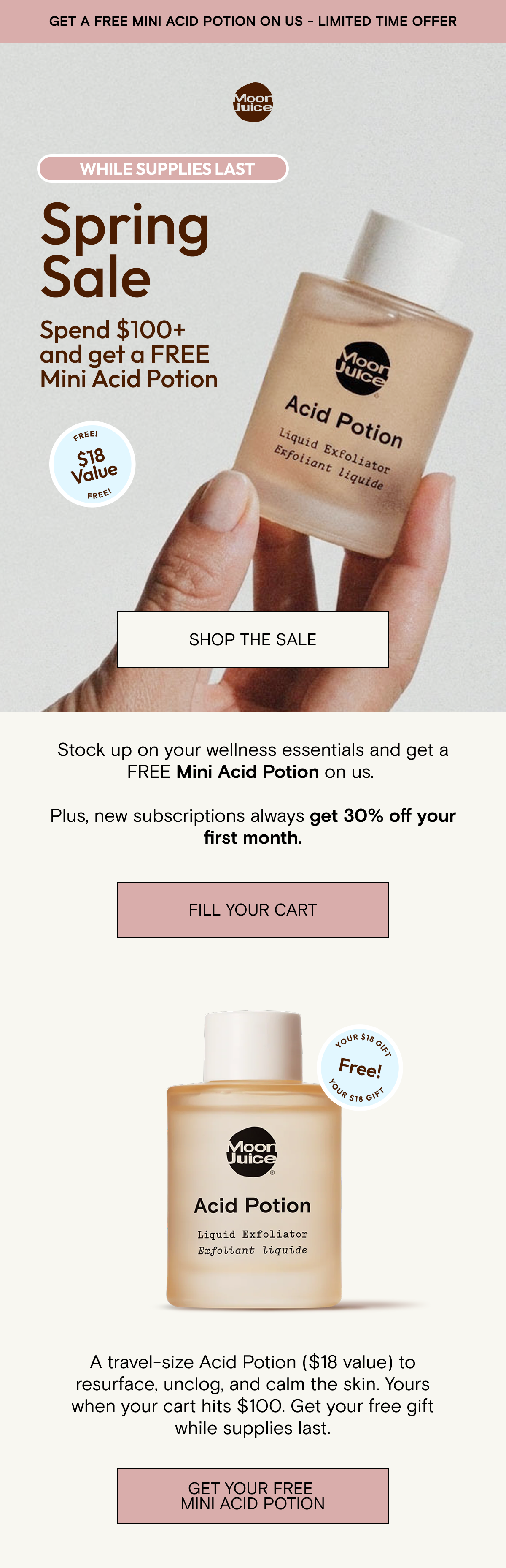 last chance to get a free mini acid potion when you spent $100+ - fill your cart!