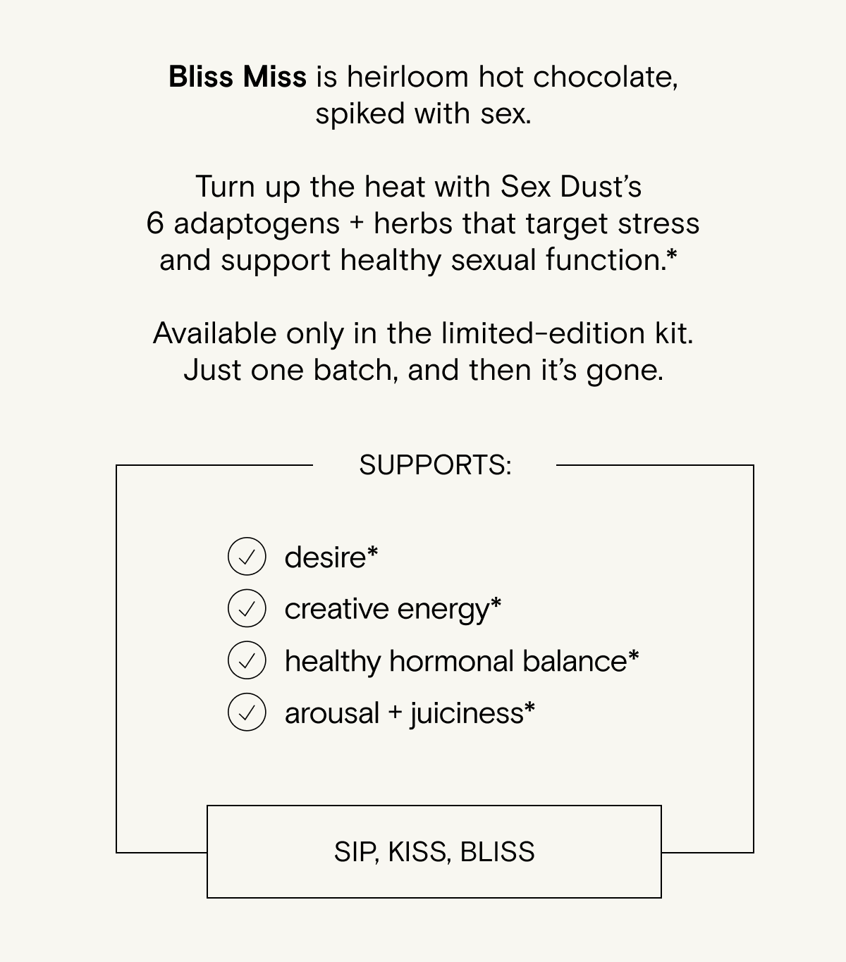 Bliss Miss is heirloom hot chocolate, spiked with ex - try it while supplies last