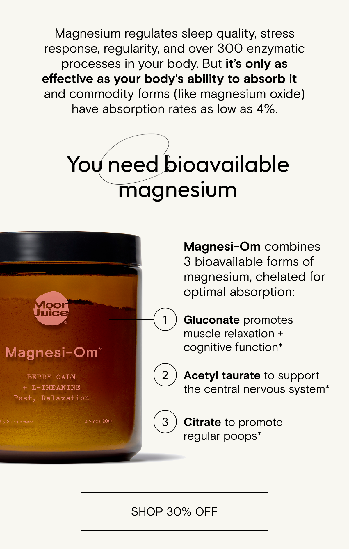 Magnesium is only as effective as your body’s ability to absorb it. Commodity brands use inefficient forms like magnesium oxide, which have absorption rates as low as 4%. Which means you’re paying for something that is probably doing very little.