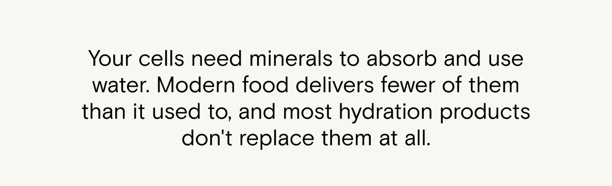 Your cells need minerals to absorb and use water. Modern food delivers fewer of them than it used to, and most hydration products don't replace them at all.