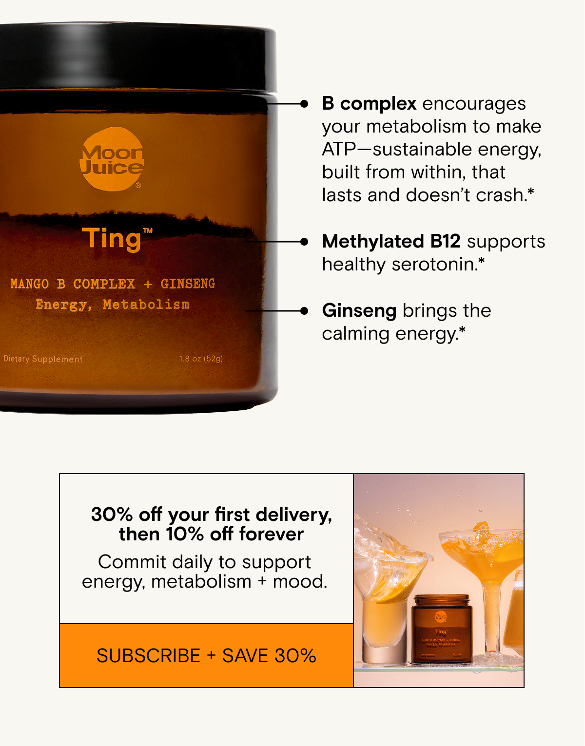 B complex encourages your metabolism to make ATP—sustainable energy, built from within, that lasts and doesn’t crash.*&nbsp; Methylated B12 supports healthy serotonin.*&nbsp; Ginseng brings the calming energy.*