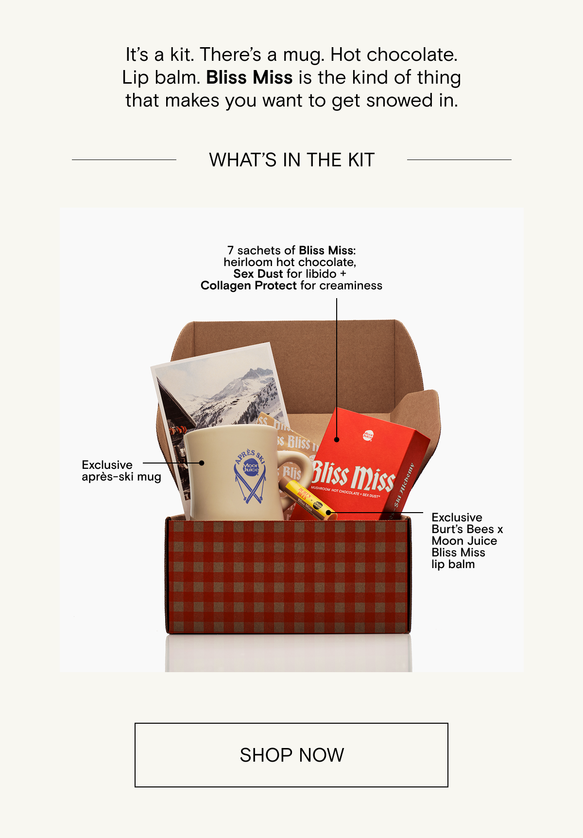 Shop our new limited edition Bliss Miss kit with sexy hot chocolate, burt's bees x Moon Juice lip balm, and an exclusive mug 