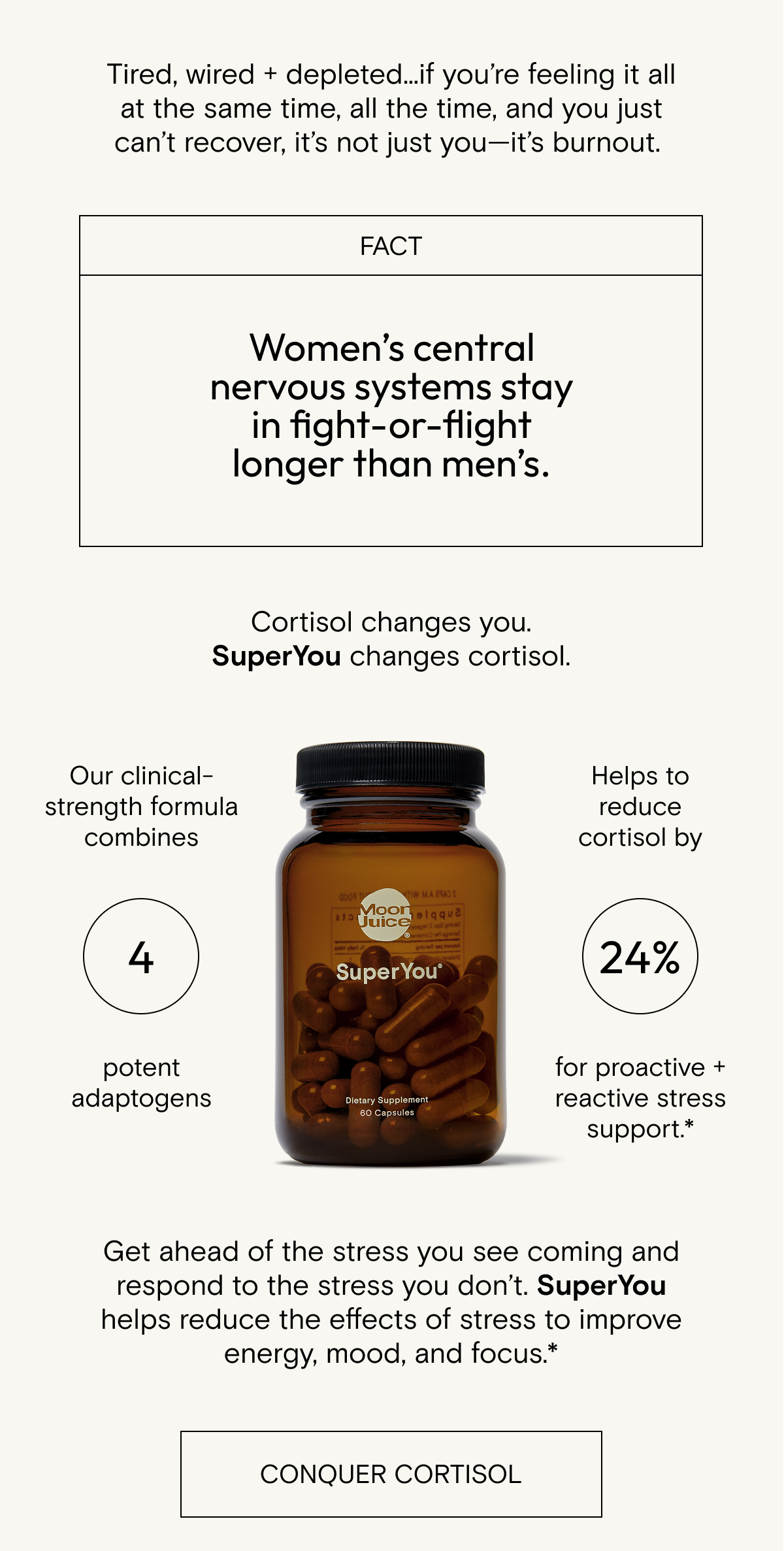 Cortisol changes you. SuperYou changes cortisol. Get ahead of the stress you see coming and respond to the stress you don’t. SuperYou helps reduce the effects of stress to improve energy, mood, and focus.*