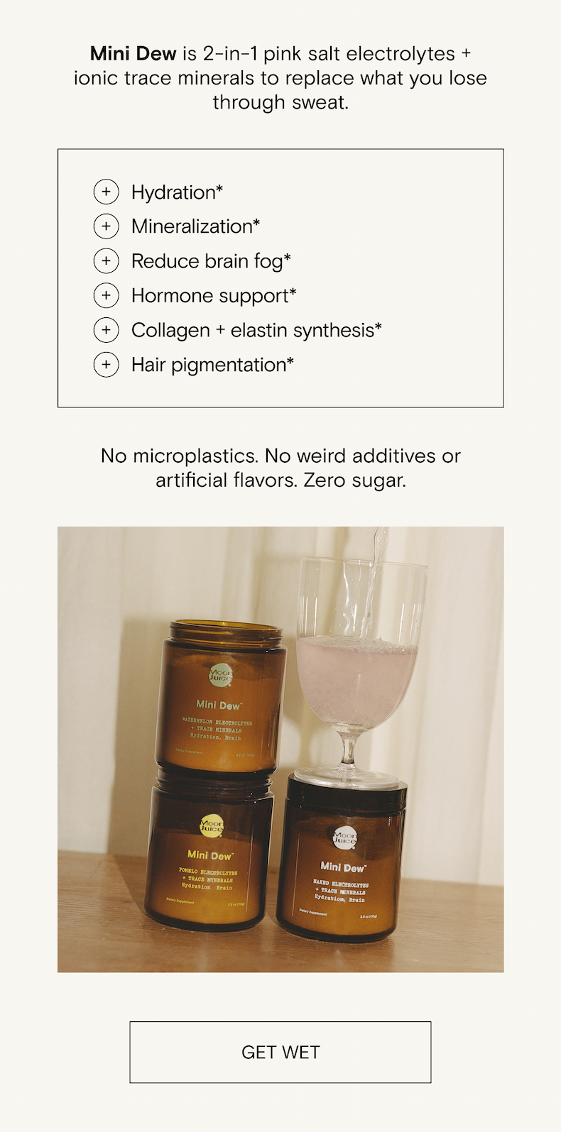 Mini Dew is a 2-in-1 pink salt electrolytes + ionic trace minerals