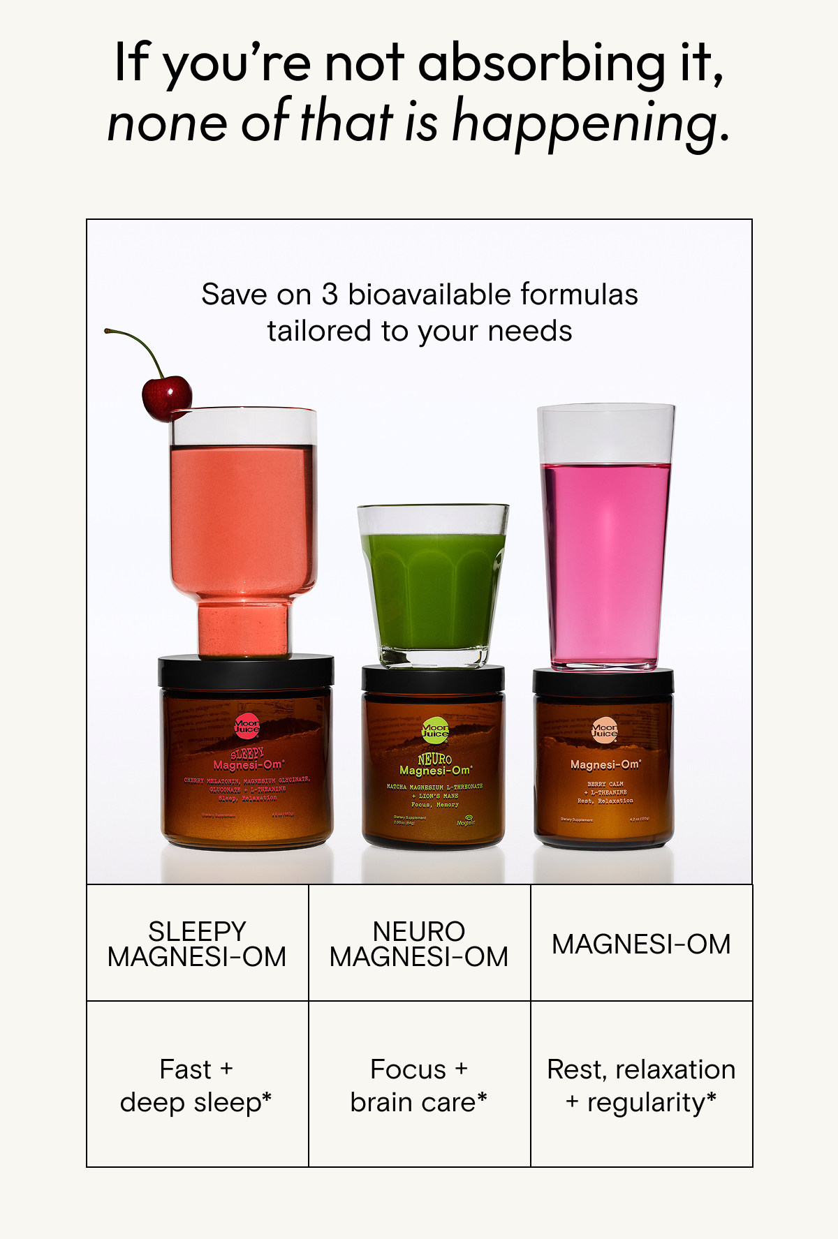 ou need bioavailable magnesium Magnesi-Om combines 3 bioavailable forms of magnesium, chelated for optimal absorption: Gluconate promotes muscle relaxation + cognitive function* Acetyl taurate to support the central nervous system* Citrate to promote regular poops* If you’re not absorbing it, none of that is happening. Shop 3 bioavaliable formulas tailored to your needs for 30% off