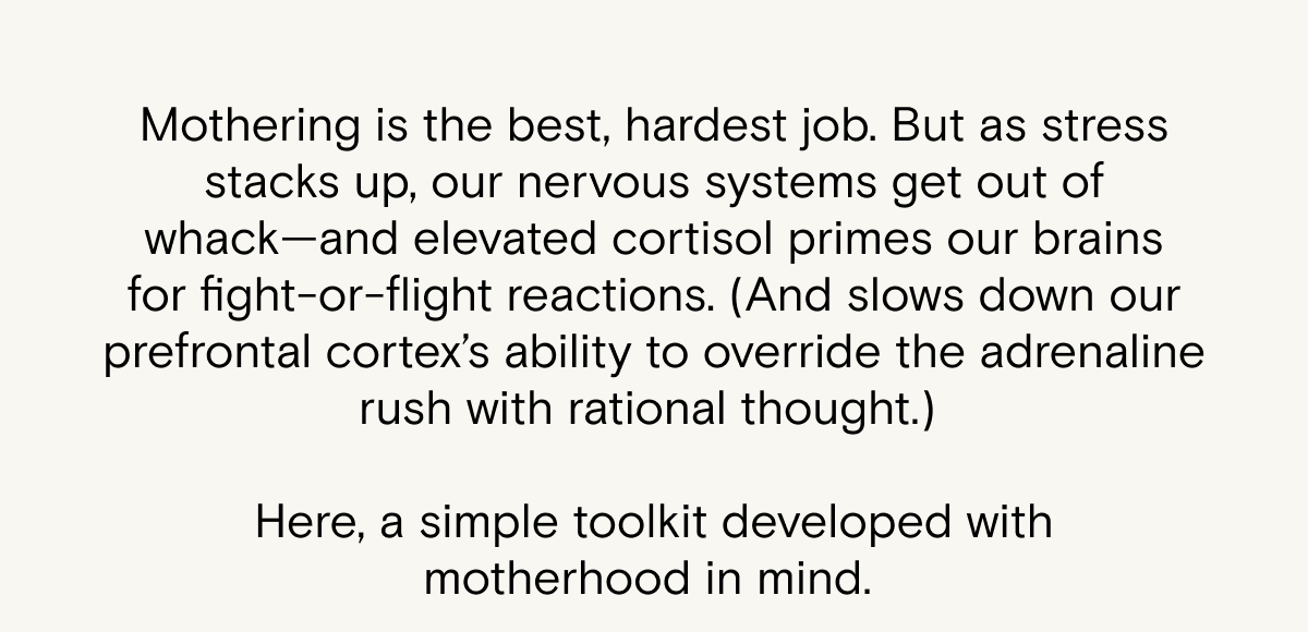 Mothering is the best, hardest&nbsp;job.&nbsp;But&nbsp;as&nbsp;stress stacks up, our nervous systems get&nbsp;out of whack—and elevated cortisol primes our brains for fight-or-flight reactions.&nbsp;(And&nbsp;slows down&nbsp;our prefrontal cortex’s ability to override&nbsp;the adrenaline rush with rational thought.)&nbsp;Here is a simple toolkit developed with motherhood in mind.