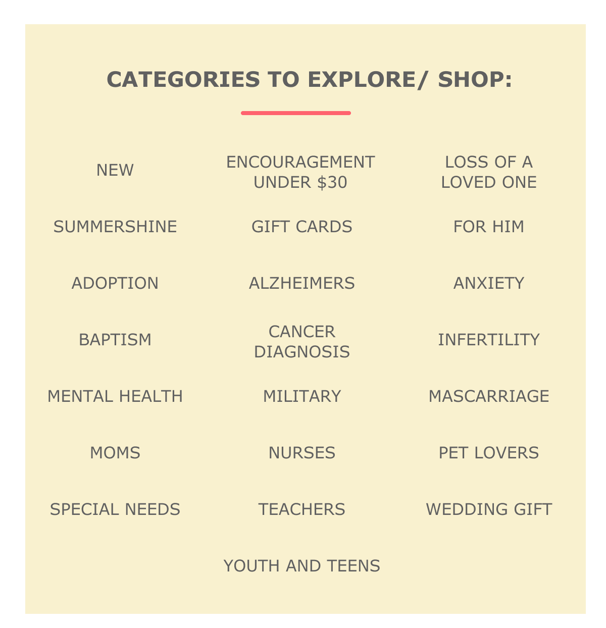 categories to explore/shop
