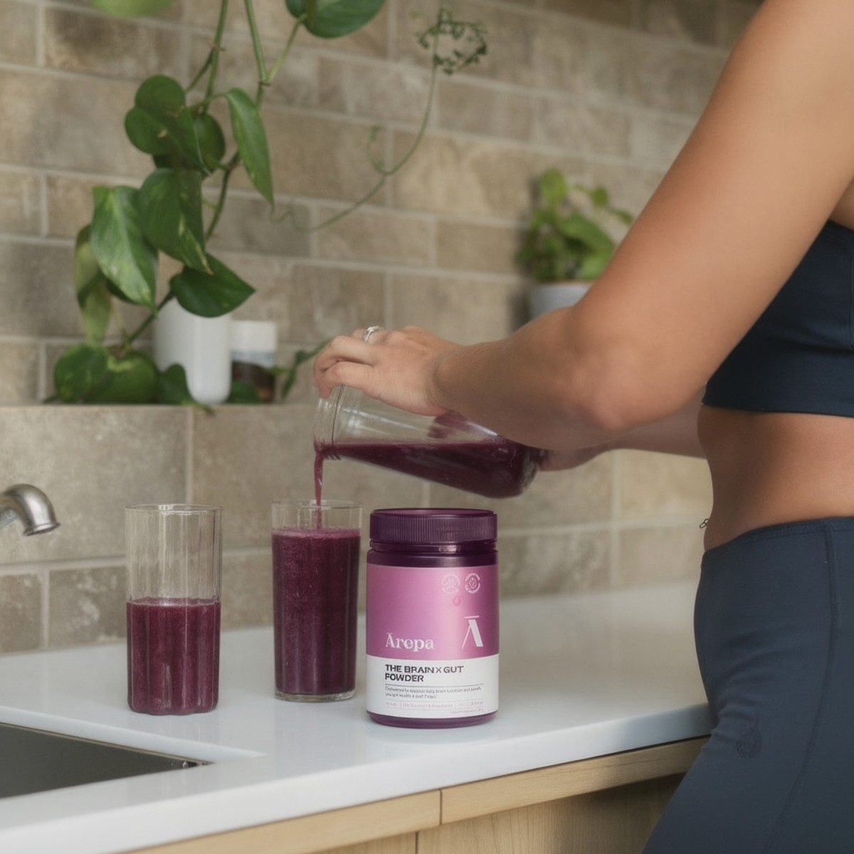 Making a Brain x Gut Powder smoothie in the kitchen
