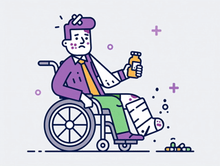 Illustration of a man in a wheelchair holding pain medication