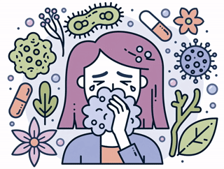 Illustration of a woman with allergy symptoms surrounded by flowers and germs