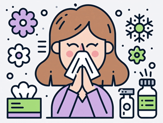Illustration of a woman with a cold blowing her nose