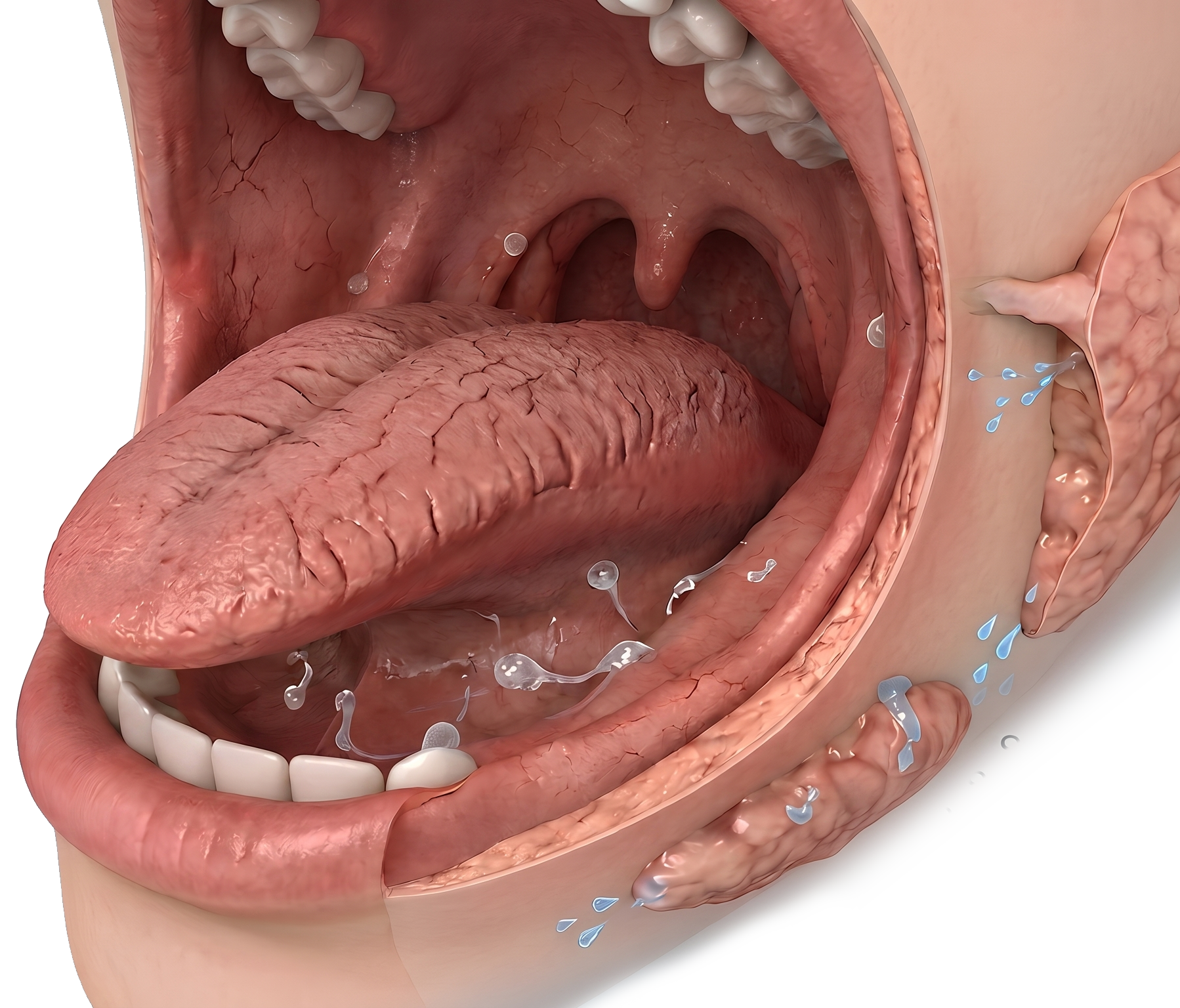 Anatomical illustration of salivary glands releasing saliva in the mouth