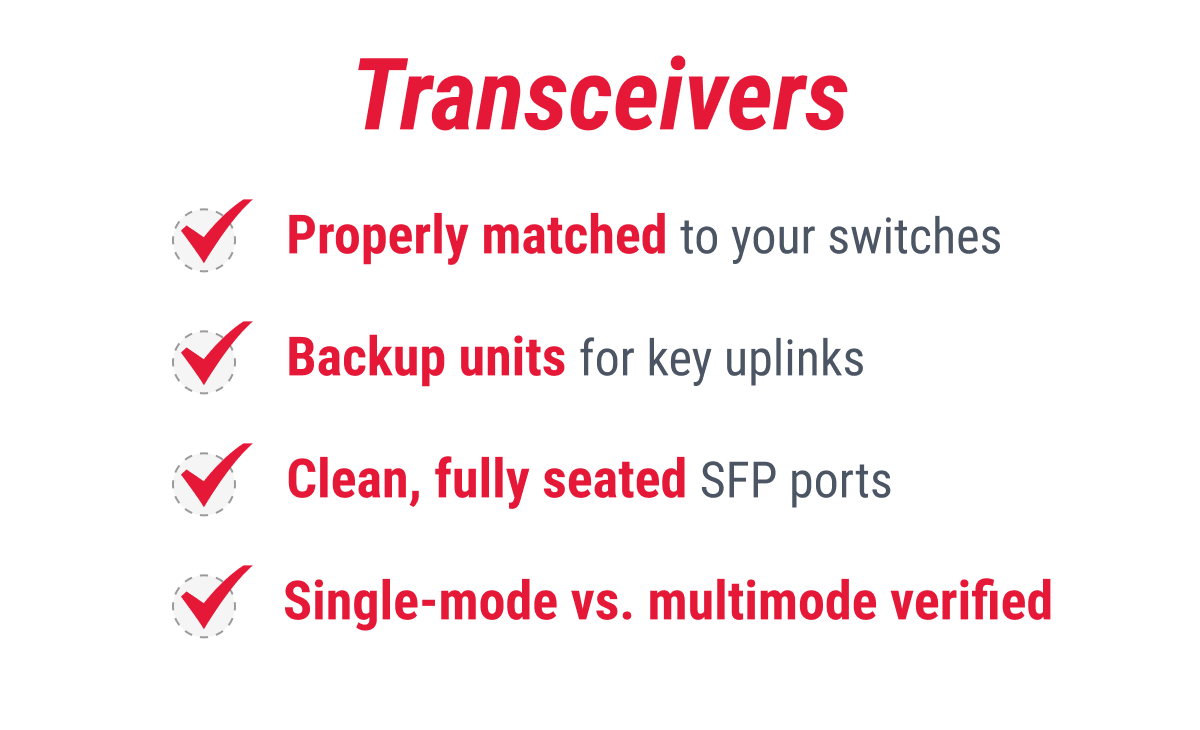 Transceivers  Properly matched to your switches Backup units for key uplinks Clean, fully seated SFP ports Single-mode vs. multimode verified
