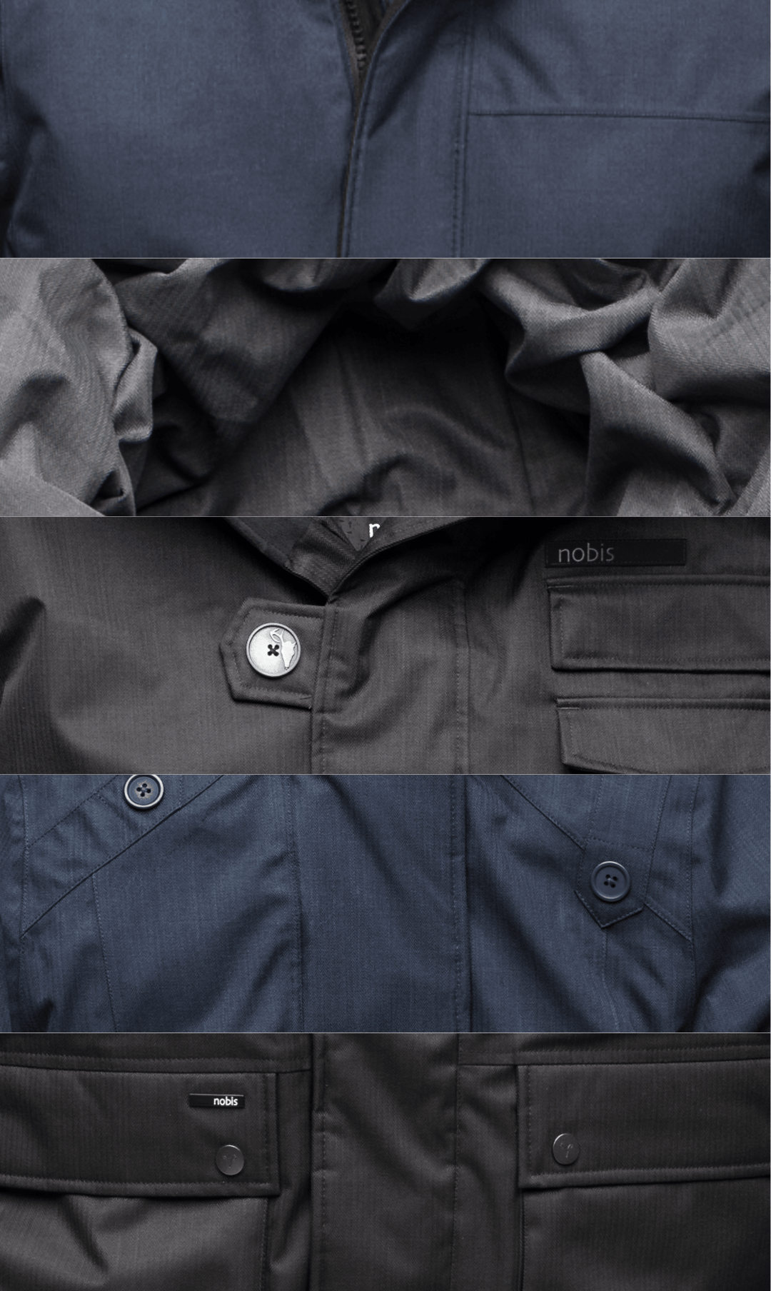 A collage of close-up shots of five Nobis parkas.