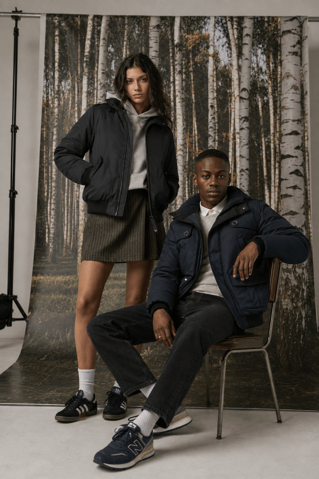 Female and male model posing in a studio against a woodsland backdrop. The woman wears the Harlow. The man wears the Cartel.