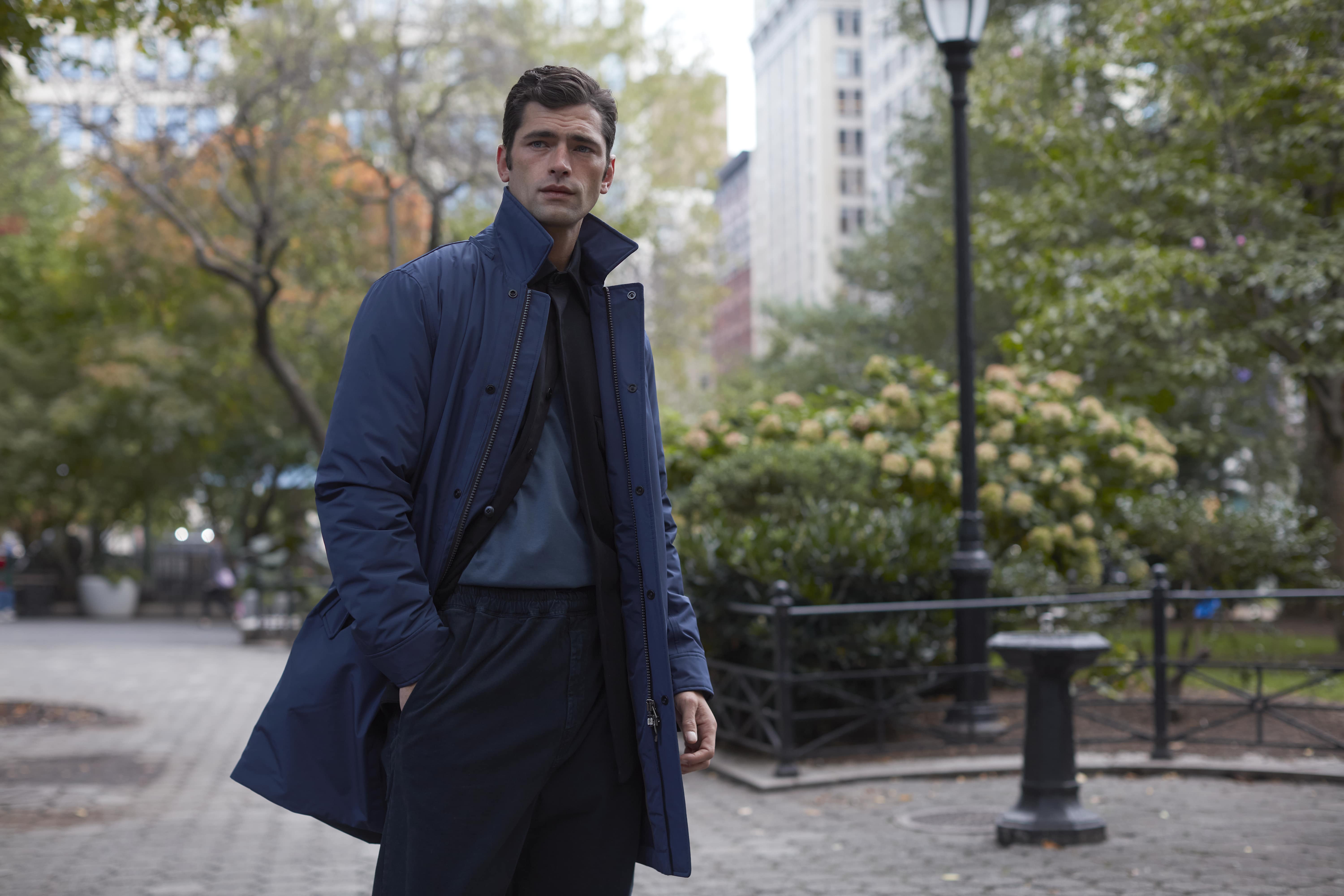 Sean O'Pry poses in a New York City park and wears the Nobis Nord Men's Jacket.
