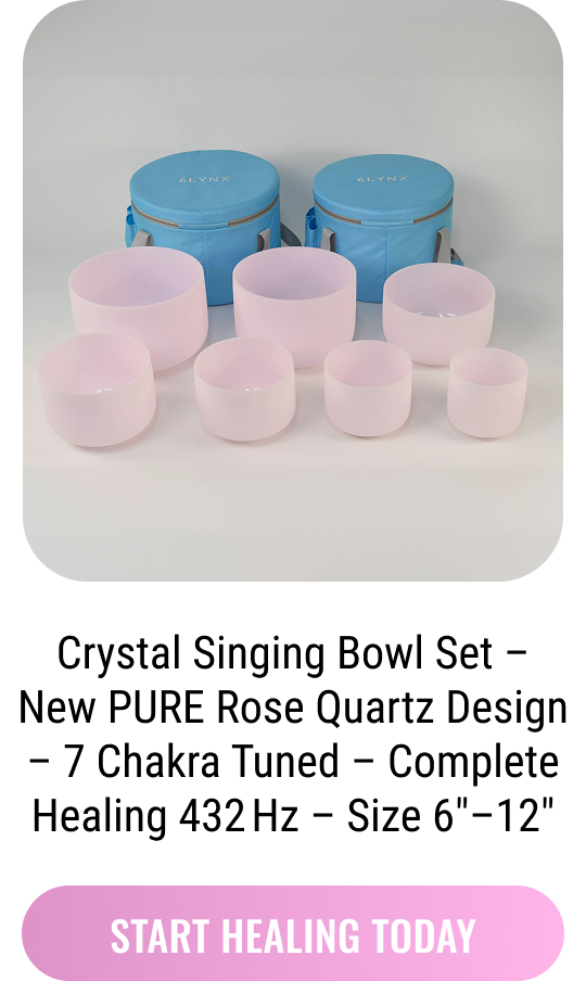 Crystal Singing Bowl Set – New PURE Rose Quartz Design – 7 Chakra Tuned – Complete Healing 432 Hz – Size 6″–12″