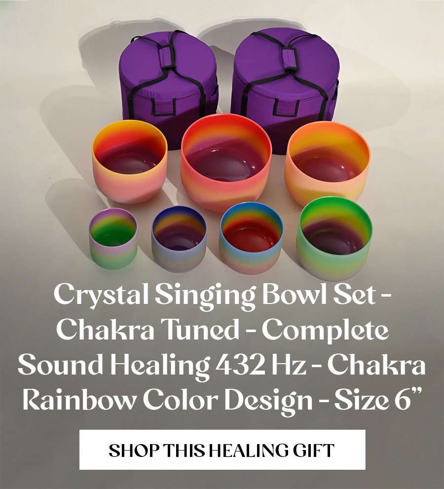 Crystal Singing Bowl Set - Chakra Tuned - Complete Sound Healing 432 Hz - Chakra Rainbow Color Design - Size 6