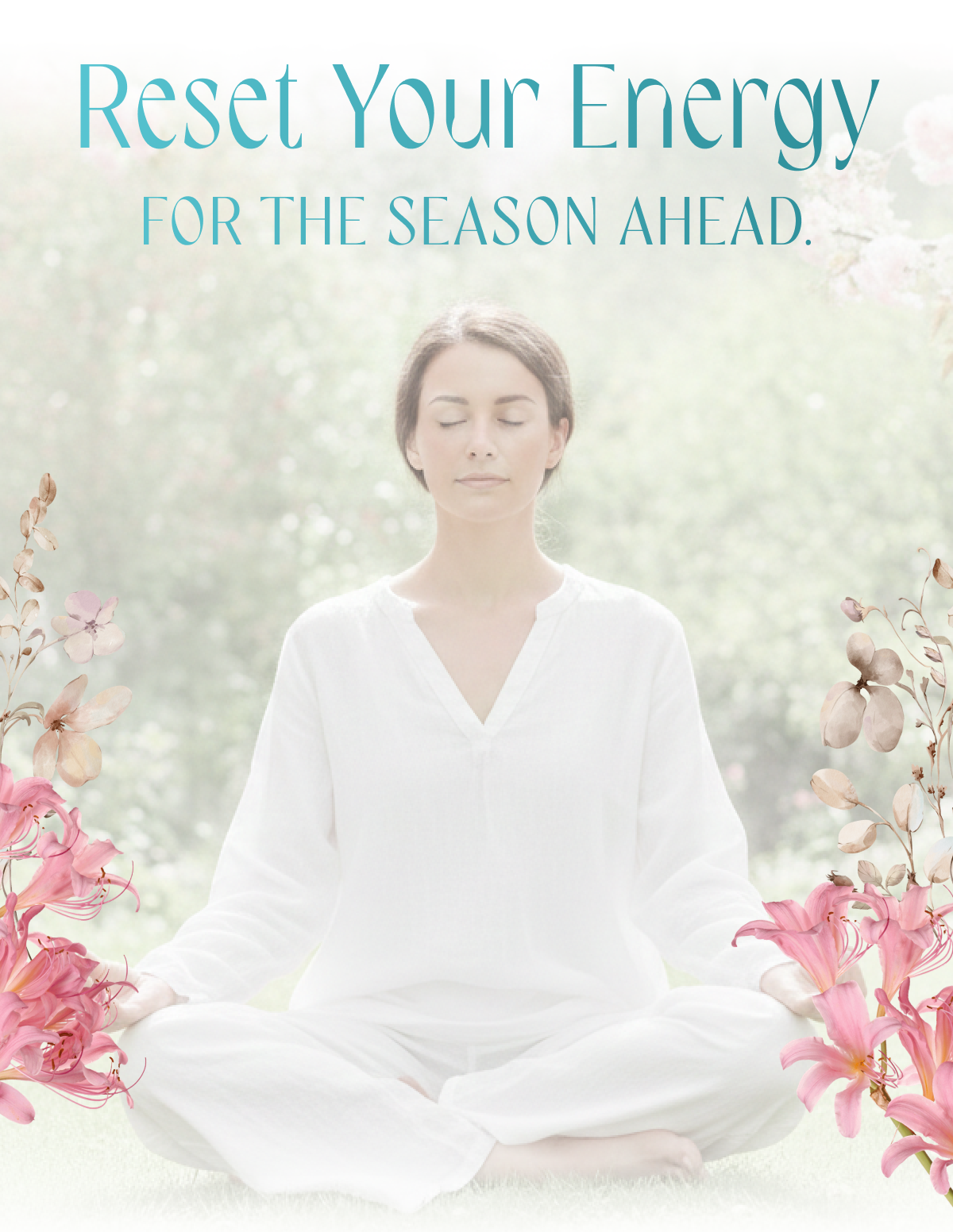 an image of a woman meditating in a lotus pose with flowers surrounding her
