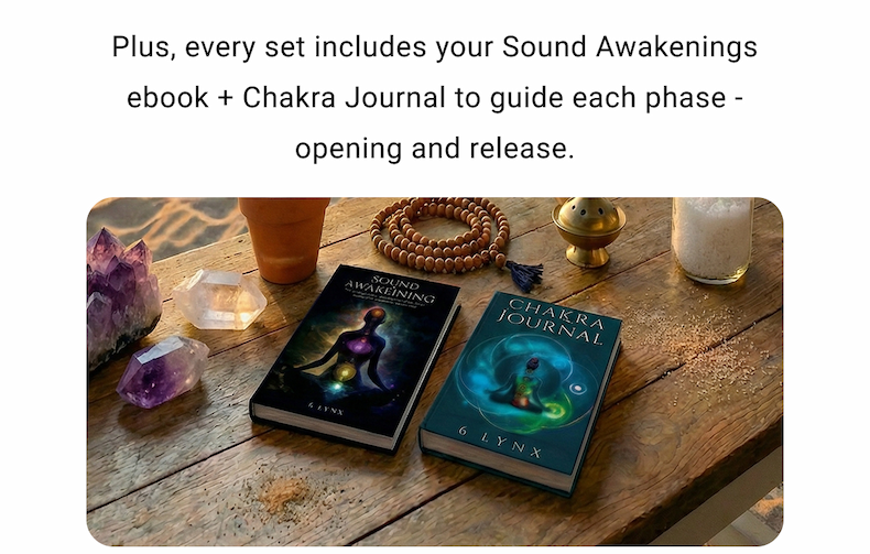 Plus, every set includes your Sound Awakenings ebook + Chakra Journal to guide each phase - opening and release.