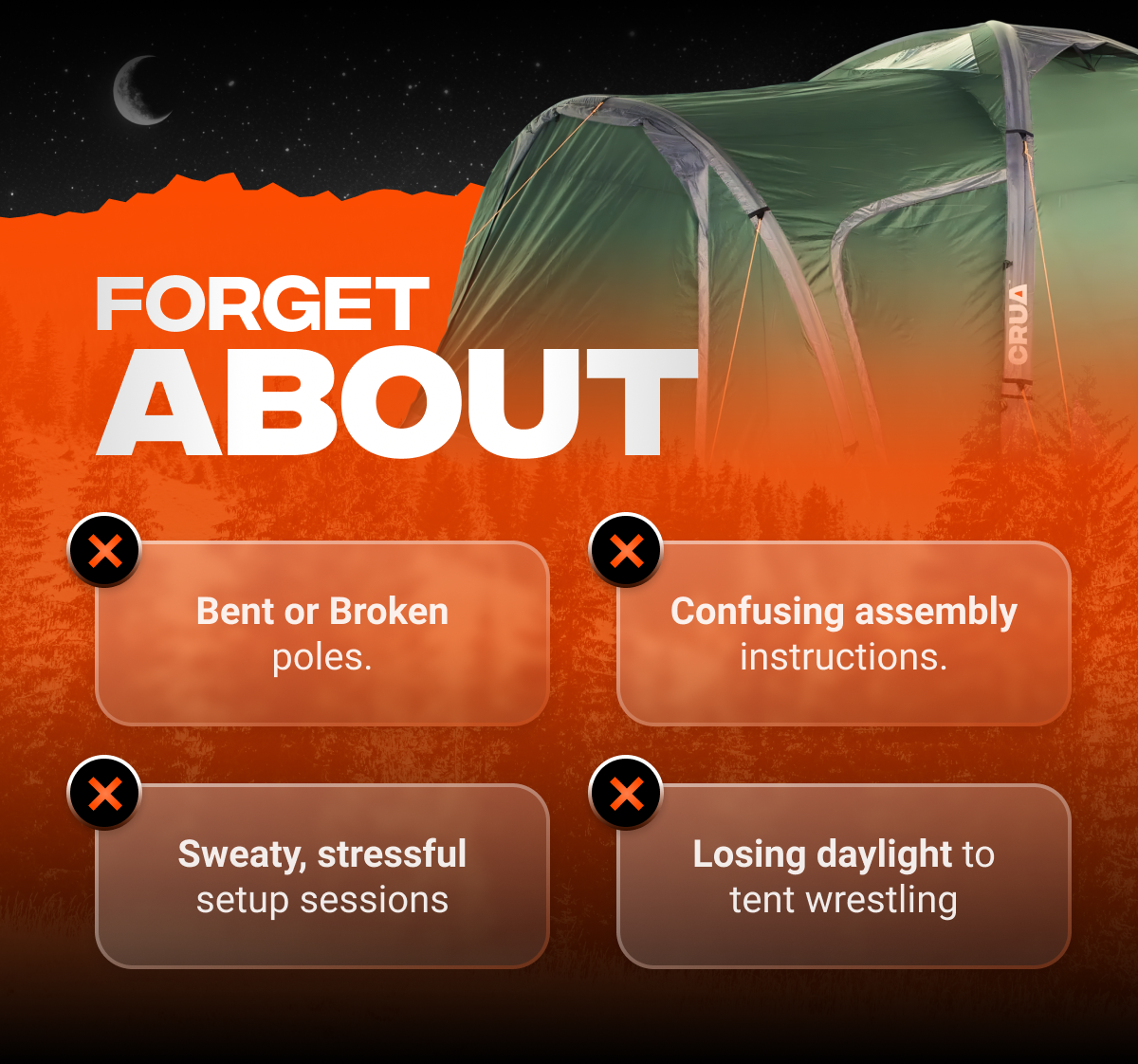 Forget About Bent or broken poles  Confusing assembly instructions  Sweaty, stressful setup sessions  Losing daylight to tent wrestling