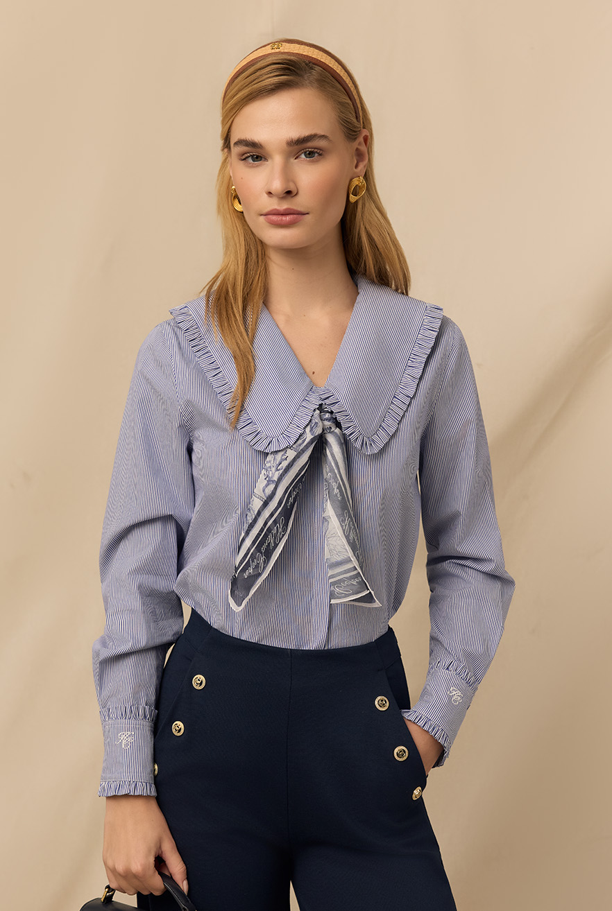 Clementine Ruffle Collar Shirt (Yacht Blue Stripe)