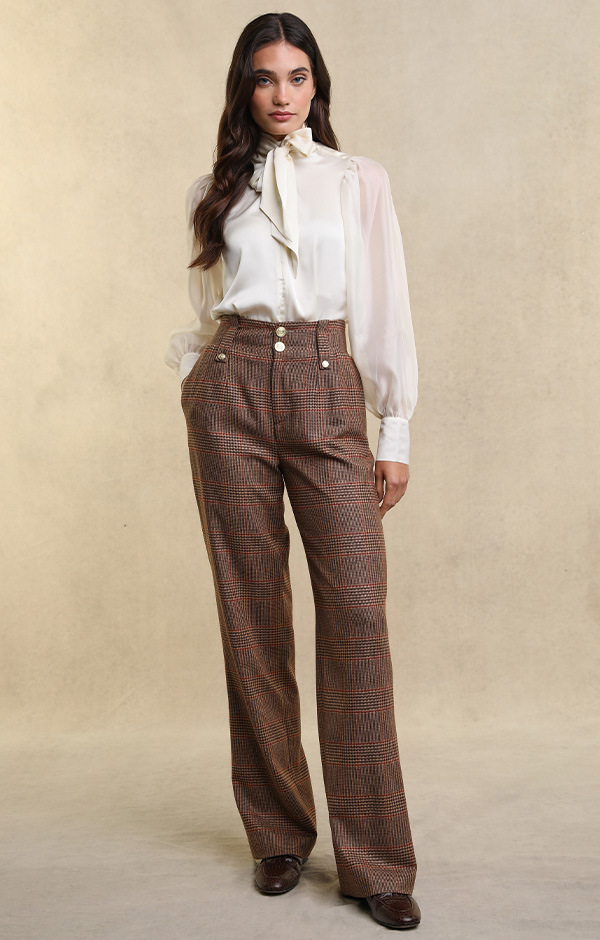 High Waisted Straight Trouser (Clarence Check Merlot)