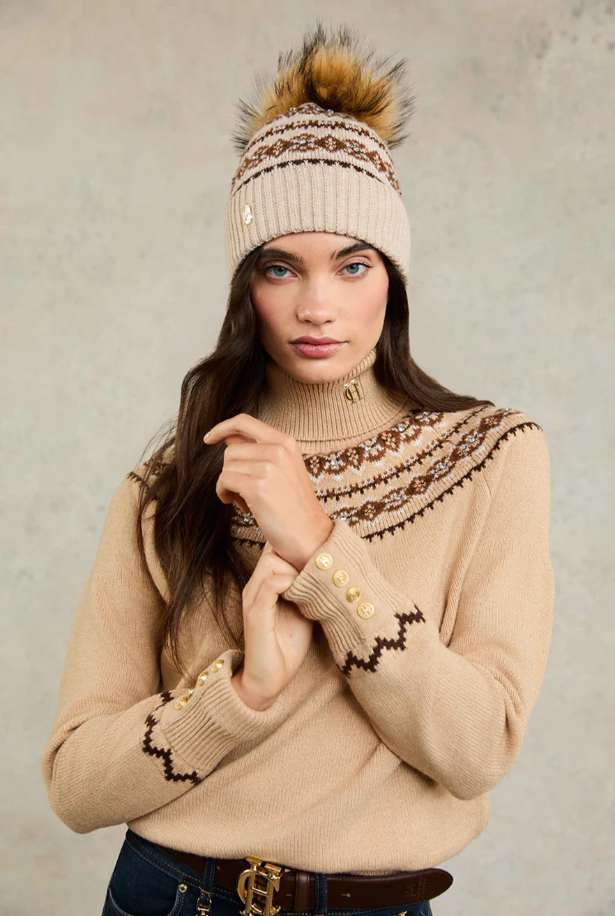Jennifer Fairisle Bobble Hat (Light Camel)