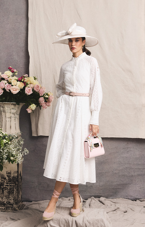 Aimee Collarless Broderie Dress (White)