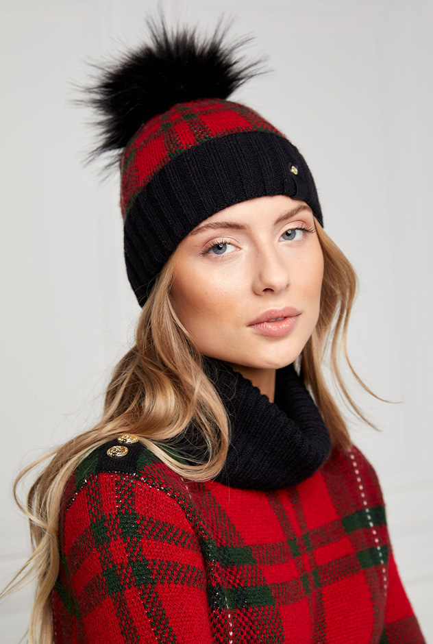 Knitted Bobble Hat (Red Tartan)