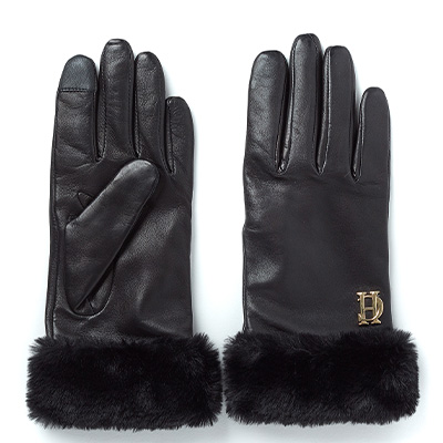 Cashmere Lined Faux Trim Leather Gloves (Black)
